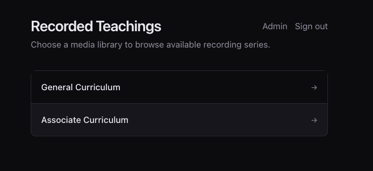 Recorded Teachings screen with General Curriculum and Associate Curriculum options