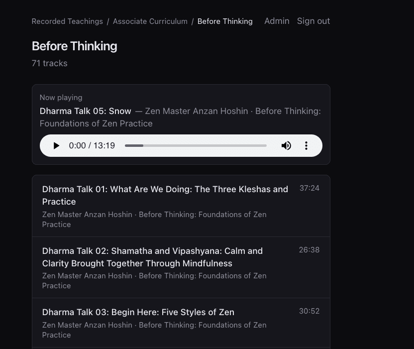 Series track list with Now playing player and individual tracks
